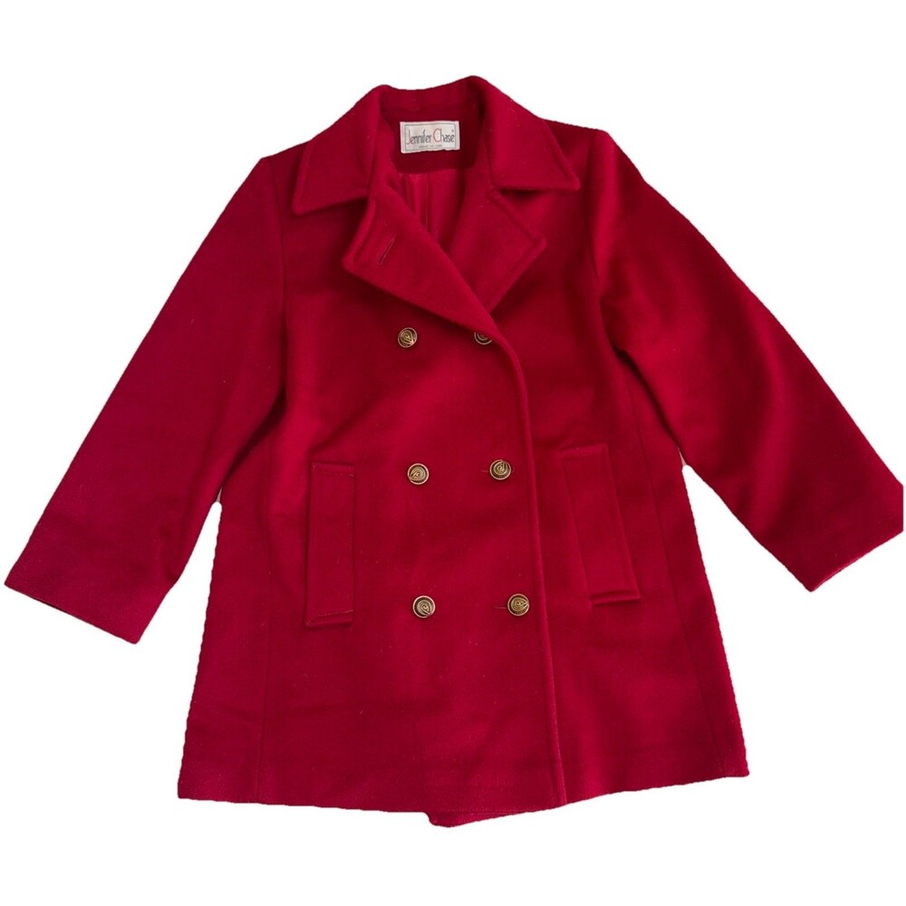 Vintage 80’s Ladies Jennifer Chase Red Wool 2X Breasted Pea Coat Size L Made USA